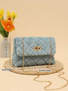 Fluffy Material Diagonal Crossbody Bag For Women, New Fashion Versatile Chain Shoulder Bag, Furry Clasp Small Square Bag - Blue - View 7