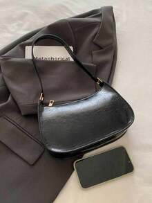 纯色极简拉链单肩包，时尚新月形包，拉链单肩包，仿皮纯色钱包，酒红色内衣收纳袋，理想的新年礼物，时尚酒红色内衣收纳袋 - 黑色 - 查看 8