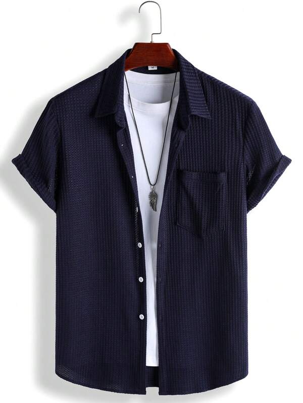Chemise décontractée à manches courtes unie en nid d'abeille pour hommes