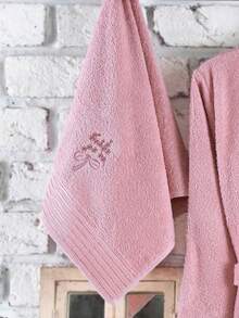 2-Piece Embroidered Bathrobe Set Made In Turkiye – Soft Cotton Robe With Towel For Women - Pink - View 2