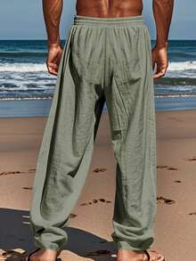 Pantalones de lino livianos de unicolor para hombres, cómodos de usar, adecuados para la playa, vacaciones, deportes casuales, otoño - Verde militar - Ver 3