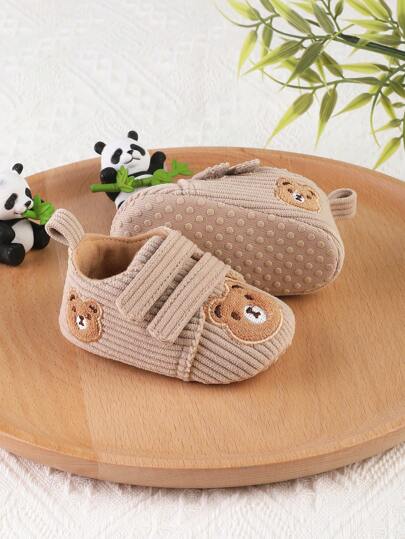 1双男女通用新生儿卡通熊图案魔术贴休闲运动鞋，适合0-3个月婴儿、幼儿、0-1岁男孩女孩穿着，春、秋、冬季穿着舒适。