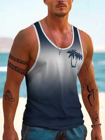 Men's Hawaiian Style Tropical Beach Coconut Tree 3D Digital Print Sleeveless Tank Top, Fitness & Holiday Tank Top T-Shirt