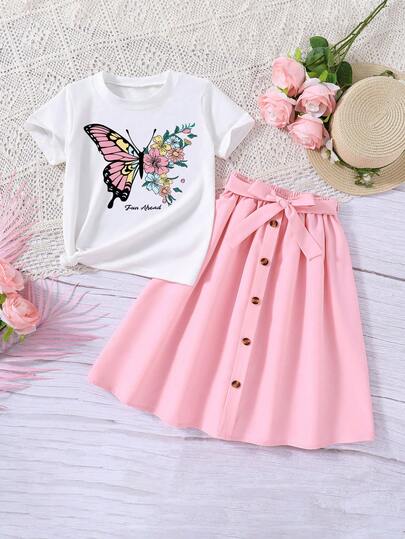 女童蝴蝶印花短袖上衣和迷你裙两件套