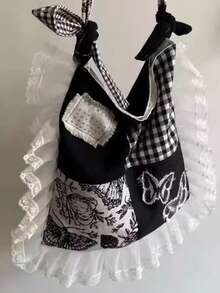 New Korean Butterfly Black And White Plaid Splicing Shoulder Bag Sweet And Cool Lace Bag Literary Slouchy Diagonal Bag - Black - View 4