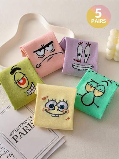 SPONGEBOB 1/3/5 pares de calcetines tipo barco para mujer con estampado divertido de Spongebob, apropiados para uso diario, transpirables y que absorben la humedad, calcetines cortos y de bajo corte