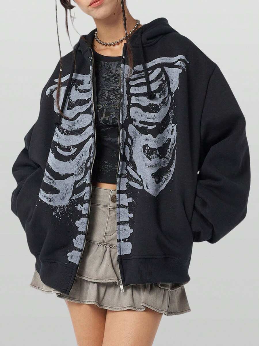 Women Y2K Skeleton Zip Up Hoodie Fairy Grunge Skull Graphic Oversized Long Sleeve Gothic Hooded Sweatshirt Pullover Tops Fall Winter Vintage Aesthetic Jacket Coats Teen Girls Goth Harajuku Clothes Outerwear Streetwear Halloween Clothes Outfits - 黑色 - 查看 1