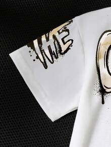 Ensemble t-shirt à manches courtes et short imprimé lettres pour garçons pré-adolescents - Kaki - Voir 4