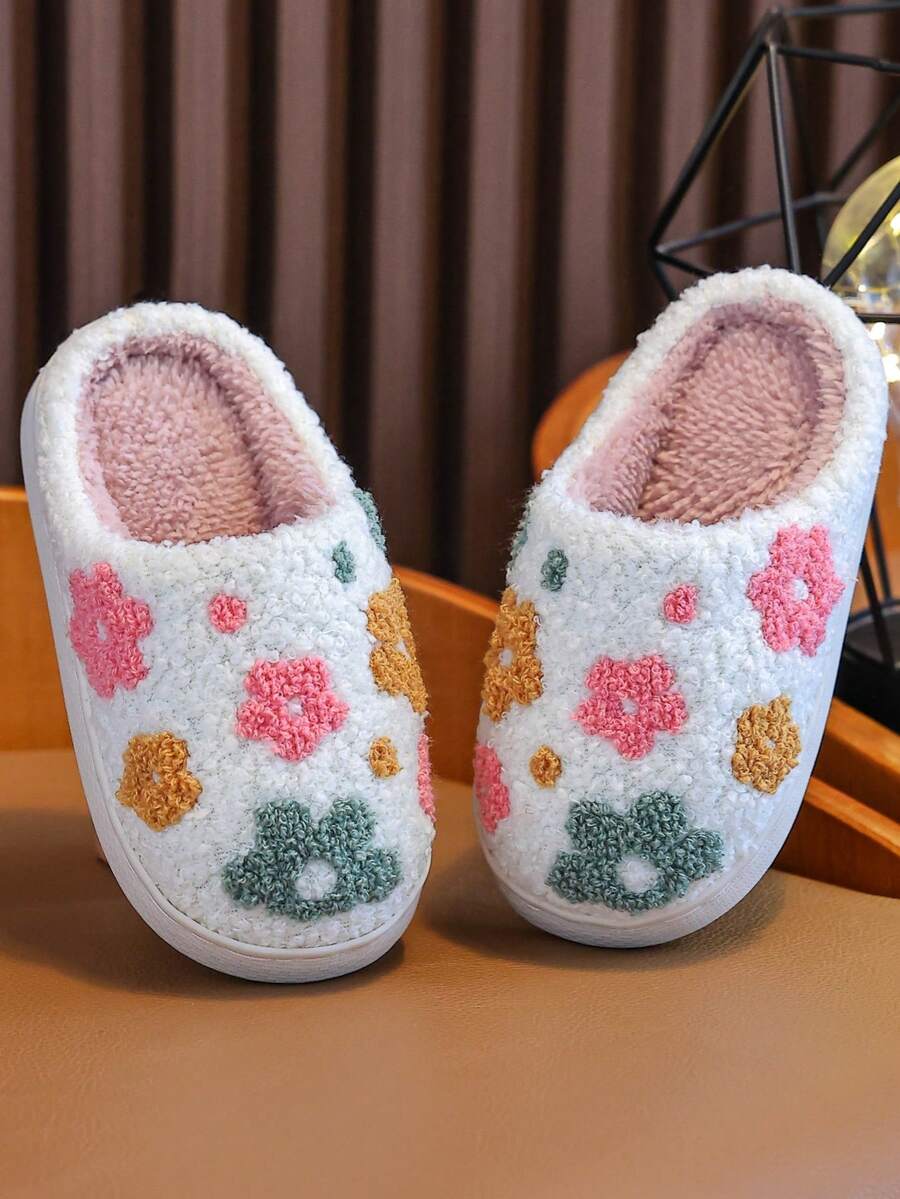 Girls Slippers Autumn And Winter Parent-Child Style Flower Embroidery Fashionable And Simple Small, Medium And Large Children Little Girl Baby Indoor Home Furry Slippers Soft Bottom Non-Slip Flat Bottom Bedroom Home Slippers - Multicolor - View 1