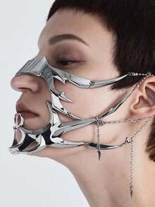 1 Set European & American Fashionable Cyberpunk Metal Face Mask, Unique Design Asymmetric Fluid Mechanical Earrings & Adjustable Lip Ring