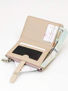 回到学校短款女士学生撞色拼接钱包，柔软 PU 多功能卡包，时尚按扣年轻学生大容量拉链零钱包，轻巧时尚，携带方便，适合作为节日礼物