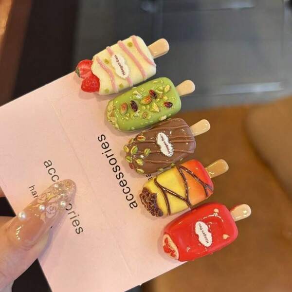 5pcs Cute Summer Ice Cream Clips Set - Vibrant Resin Barrettes With Playful Designs - Perfect For Stylish Hairdos, Birthday Gifts, And Everyday Fun, Playful Hair Accessory | Summer Theme Accessories | Colorful Designs, Cute Hair Accessories