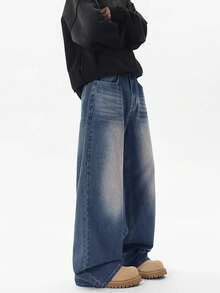 1 chiếc quần jeans nam dáng rộng, thời trang, kiểu vintage, ống rộng (không kèm thắt lưng hoặc phụ kiện) - Màu xanh hải quân - Xem 3