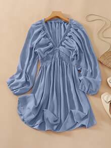 新款优雅时尚性感深 V 领泡泡袖休闲迷你连衣裙，女式度假风波西米亚风、西部风、热带风和太阳风连衣裙，春夏 - 灰藍 - 查看 2