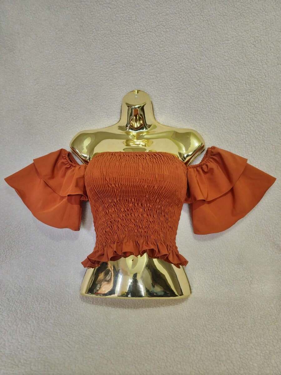 Simple Ruffle Hem Pleated Gathered - Camel - View 1