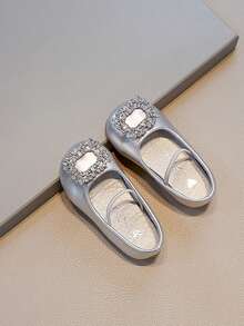 1 Pair Silver Cute & Fashionable Rhinestone Design Soft Bottom Anti-Slip Flat Baby Prewalker Shoes, Suitable For Spring, Summer, Autumn And Winter - Silver - View 2