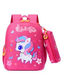 Mochila ligera y duradera con diseño de dibujos animados para estudiantes, con correas ajustables para los hombros, adecuada para la escuela y los viajes - Rosa Fucsia - Ver 3