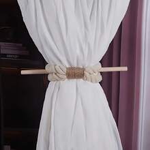 2 件天然木材和黄麻绳手工窗帘系带，适用于家庭、办公室、酒店、婚礼装饰（乳白色） - 亞麻+實木 - 查看 4