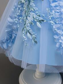 Váy chữ A trang trí ren và hoa đính cườm thanh lịch, váy công chúa ngắn phía trước dài phía sau, thích hợp cho bé gái rải hoa, đám cưới, biểu diễn sân khấu - Màu xanh lam - Xem 6