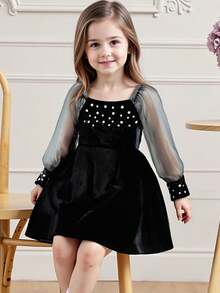 Abito da principessa in velluto e pizzo con maniche lunghe in rete, decorato con perle, adatto a ragazze di 4-7 anni, colore nero, adatto per uso casual, vacanze e occasioni di festa, primavera/autunno