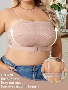 Plus Size Front Closure Lace Wire-Free Comfortable Lingerie Bra - Apricot - View 4