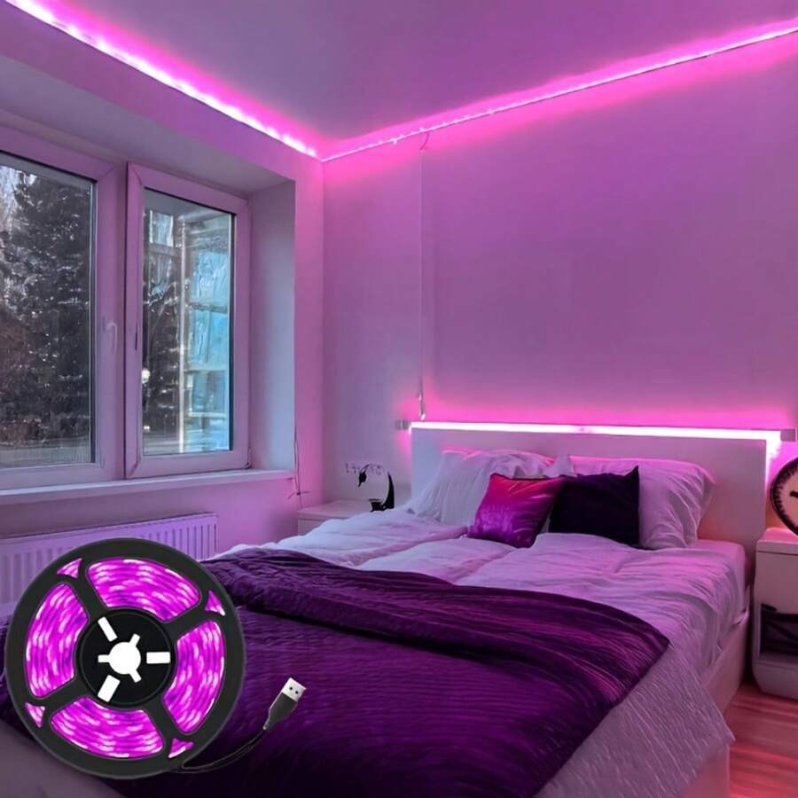 USB 供电粉色 LED 灯带，5V，60 个 LED/米，柔性 1 米/3 米/5 米，传统风格，塑料材质，不可拆卸，嵌入式安装，适用于卧室镜面桌饰，USB 供电灯 | 装饰照明 | 塑料条，卧室 LED 灯