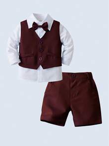 BOARNSEORL 3pcs Young Boys Gentleman Outfit - White Shirt With Bow Tie, Vest And Shorts, Fashionable & For Birthday Party, Gathering, Anniversary, Wedding - Burgundy - View 2