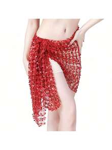 女士镂空肚皮舞臀巾女士肚皮舞流苏臀裙服装配饰亮片短裙 - 彩色 - 查看 16