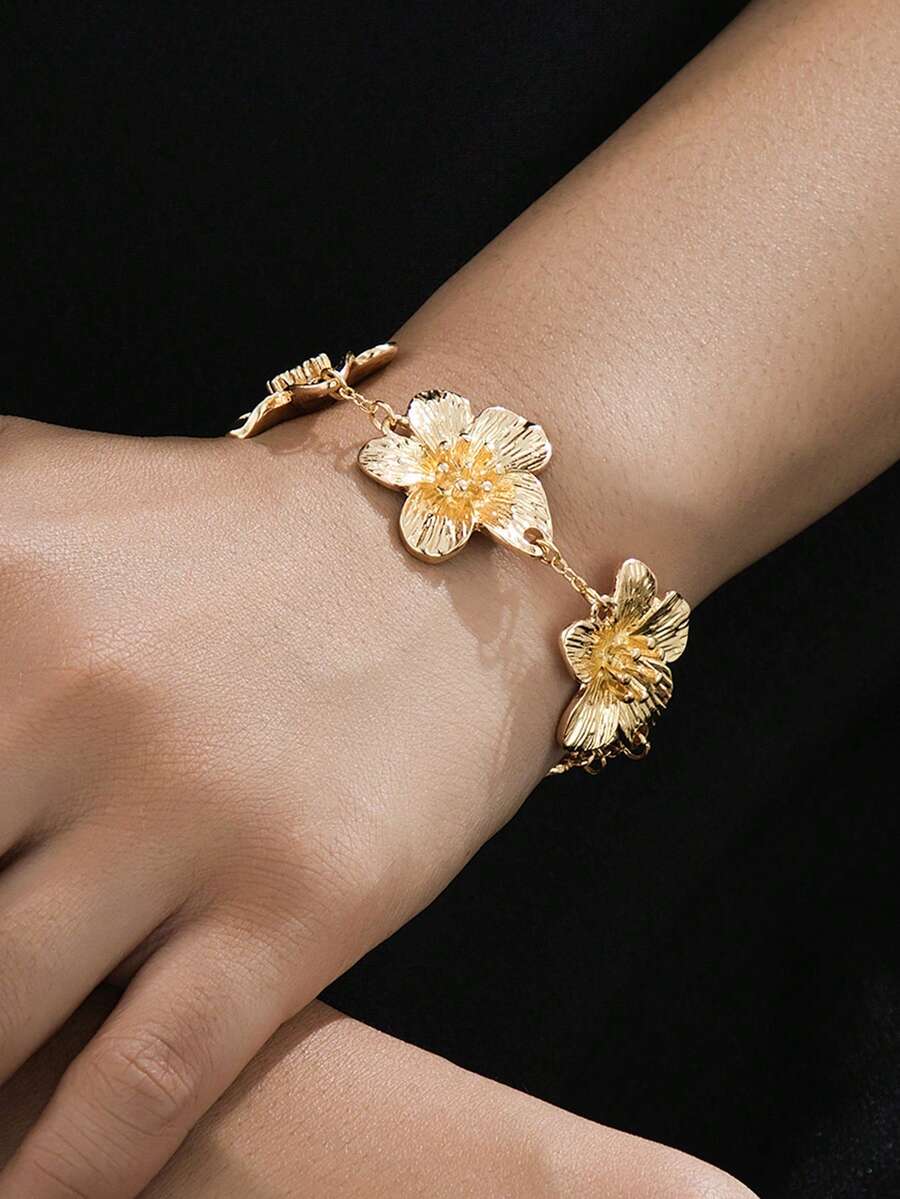 1件夏季优雅花卉设计女士手链，度假风（不含礼盒） - 金黃色 - 查看 1