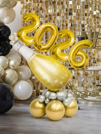 21 Stücke/Set 2026 Neujahrsdekoration, Oversized Bierflaschen Folienballons, 16" Nummer Banner "2026" Folienballons (Gold, Silber, Schwarz, Roségold), 12" goldene Latex Ballons, 10" und 5" metallisch silberne Latex Ballons, geeignet für Junggesellenabschied, Neujahr, Silvester Party Dekoration