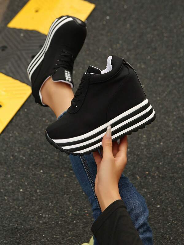 Women Platform Lace Up Sneakers, Casual Slip-On Hidden Wedge Skate Shoes, Versatile Fashion