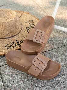 New European & American Style Strap EVA Thick Sole Slippers, Casual And Comfortable Outdoor Slide Sandals With Dual Buckles, Lightweight Anti-Slip Beach Shoes For Women - Chocolate Brown - View 7