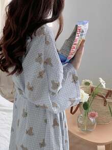 1pc Women's Robe, European & American Style Simple Long Sleeve Bathrobe, Sweet And Cute Bear Pattern, Thin Solid Color Sleepwear, Loungewear, Spring/Autumn - Baby Blue - View 2