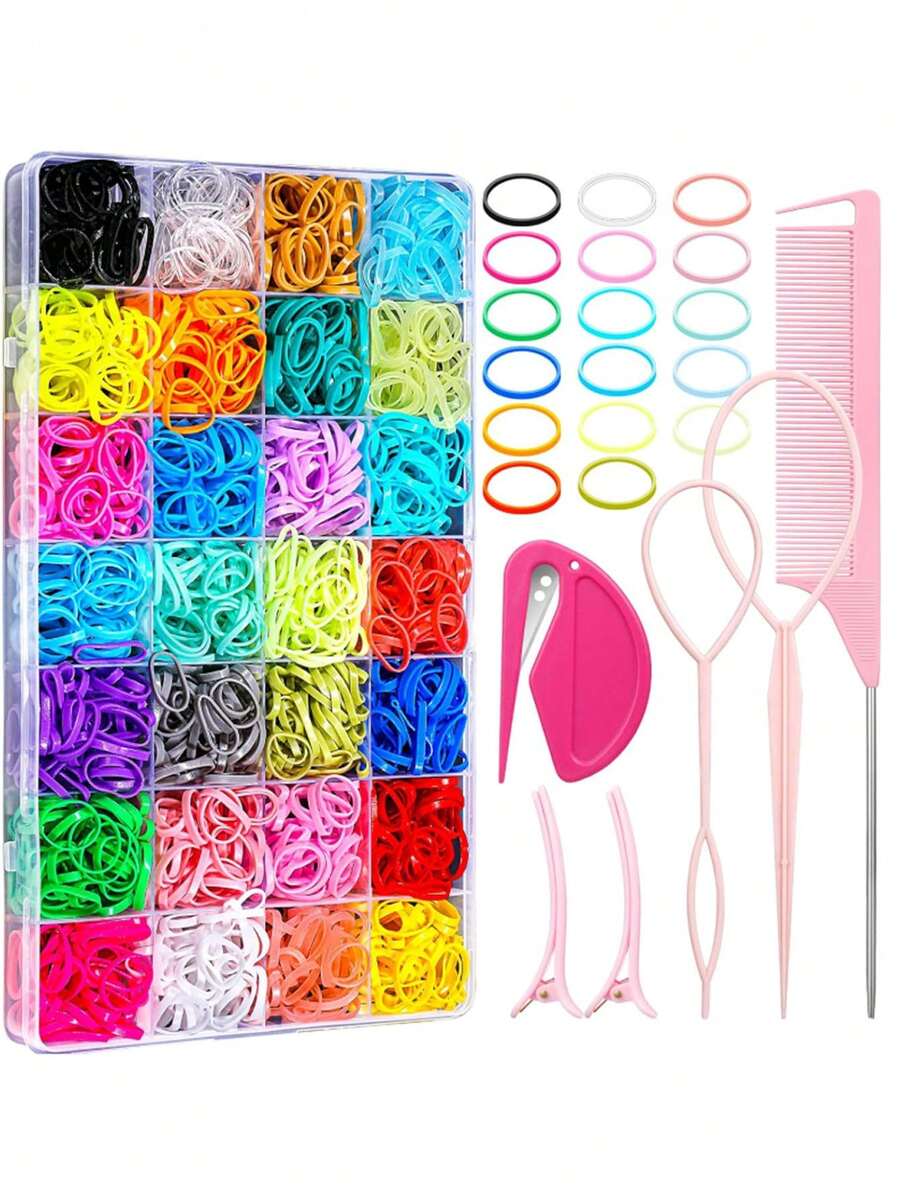 1506个随机颜色弹力发圈，28种颜色迷你柔软发圈发饰套装（女孩适用） - 彩色 - 查看 1
