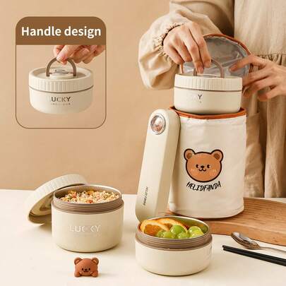 便携式 304 不锈钢保温饭盒，带餐具和午餐袋，可爱小熊图案防漏便当盒，可微波炉加热和热水加热，隔热防烫午餐盒，可重复使用的水果沙拉食品储存容器，适合学生和成人在学校、办公室、户外露营、野餐、旅行中使用