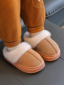 Children's 2025 New Autumn And Winter Plus Velvet Thick Warm Slippers For Boys And Girls Small, Medium And Large Children's Baby Slippers Indoor Home Simple And Fashionable - Màu Khaki - Xem 2