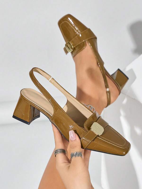 French Vintage Solid Color Chic Commuter Thick Heel Metal Buckle Block Heels Summer Dating & Home Wear Women Shoes