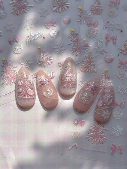 1 件粉色糖果金属星星圣诞树烟花球蝴蝶结手杖热压雪花冬季指甲贴纸指甲修复贴纸