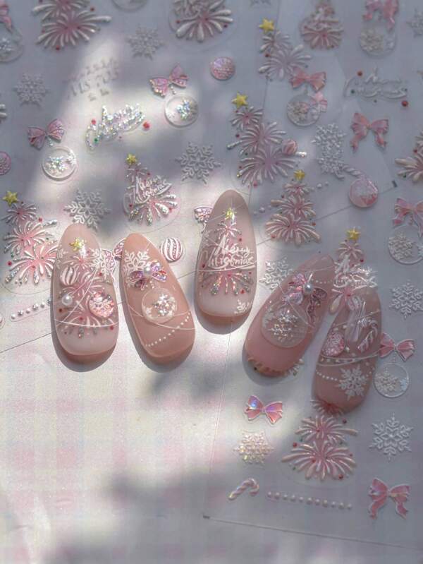 1 pièce Autocollants pour ongles roses en forme d'étoile de bonbon en métal, boule de feux d'artifice d'arbre de Noël, nœud, canne, pressage à chaud de flocons de neige en hiver, pour la réparation des ongles