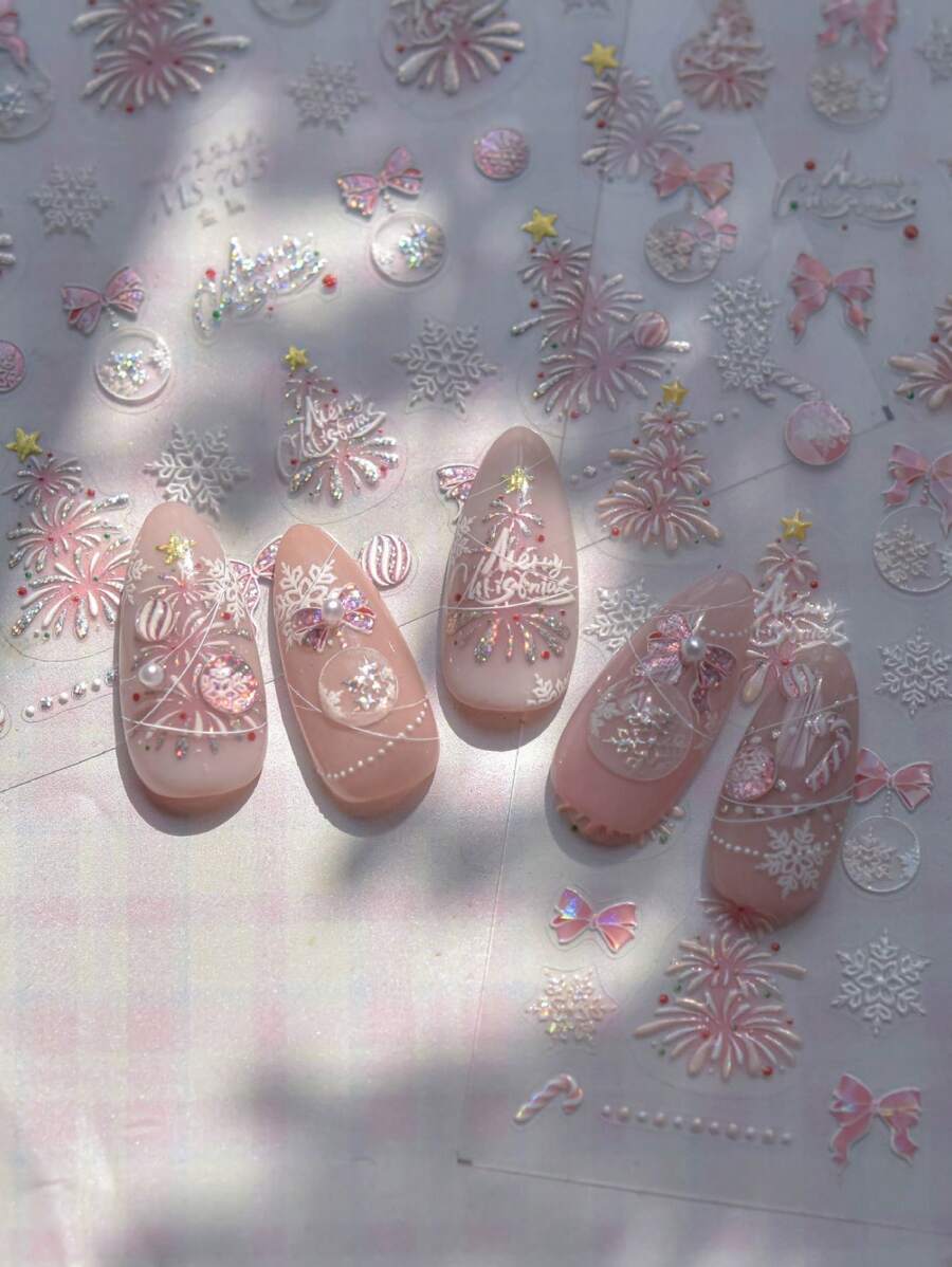 1 件粉色糖果金属星星圣诞树烟花球蝴蝶结手杖热压雪花冬季指甲贴纸指甲修复贴纸