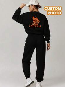 Customize Personalized Gifts With Unique Design, Add Your Own Text And Images (Badge Pattern/Company Logo/Family Photo/Selfie/Pet), Personalized Sweatshirt And Sweatpants Two Pieces Set - Black - View 2