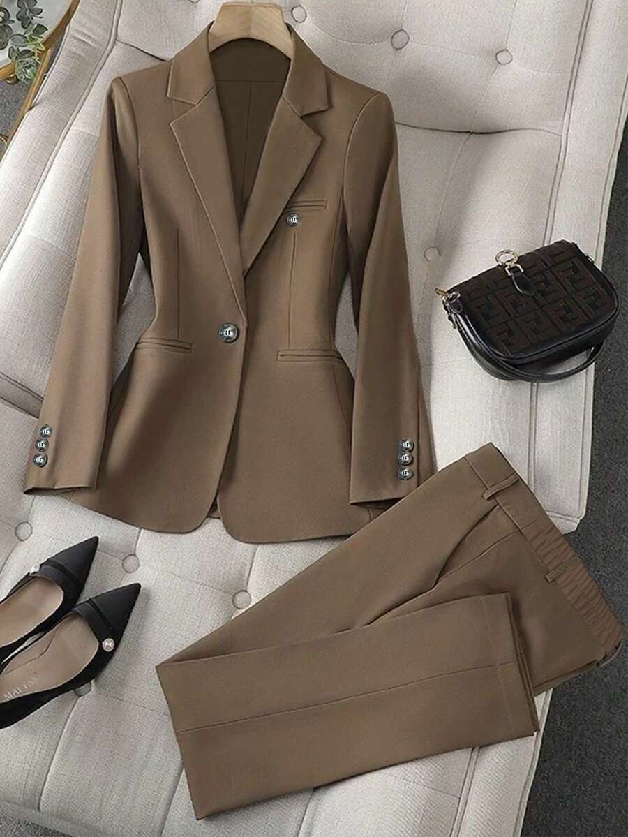 Solid Color Single Button Long Sleeve Single-Breasted Waistcoat Suit Pants Two-Piece Set - 咖啡棕 - 查看 1