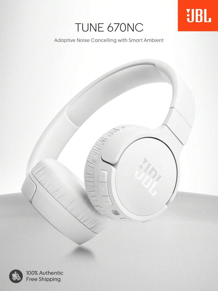 JBL Tune 670NC 自适应降噪头戴式蓝牙耳机，支持无线和有线模式，70 小时电池续航，可折叠轻巧设计，非常适合 PC/笔记本电脑、游戏、在线课程、音乐和旅行 - 白色 - 查看 1