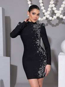 New Elegant Women's Luxury Heavy Industry Bright Diamond Design Mini Bandage Dress Small Stand Collar Long Sleeve Slimming Women's Bandage Dress Women's Wedding/Bridesmaid/Banquet/Women's Formal Banquet Mini Dress - Black - View 3