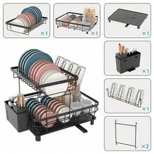 2-Tier Heavy-Duty Metal Dish Drying Rack With Drainboard - Large Capacity Dish Drainer Organizer, Utensil & Cup Holder, -Standing Space-Saving Kitchen Rack Small Apartments, Painted Durability - Black - View 5