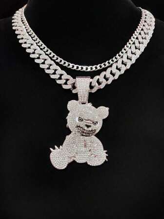男女通用嘻哈链项链，配有全冰小熊吊坠，是送给朋友和家人的最佳礼物