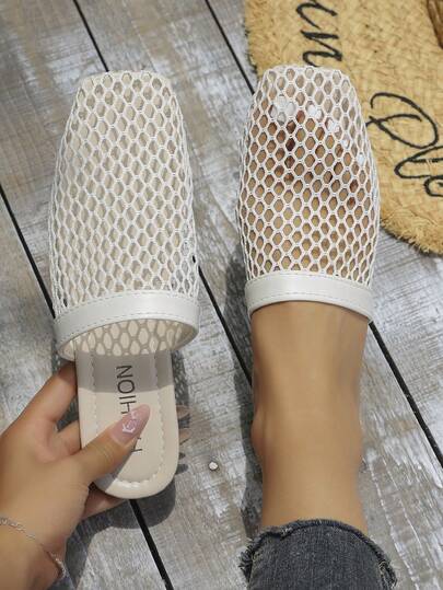 Women's Closed Toe Slippers, Hollow Out Breathable Summer Sandals, Solid Color Square Toe Sexy Beach Travel Holiday Retro Shoes