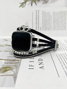 1pc Adjustable Length Multi-Strand PU Leather Watch Band With Rhinestones, Boho Style Metal Wrist Strap Compatible With 38/40/41/42/44/45/49mm Watches For Ultra/SE/Series 9/8/7/6/5/4/3/2/1 - Black - View 2