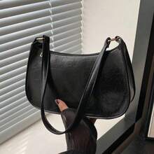 纯色极简拉链单肩包，时尚新月形包，拉链单肩包，仿皮纯色钱包，酒红色内衣收纳袋，理想的新年礼物，时尚酒红色内衣收纳袋 - 黑色 - 查看 2