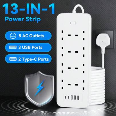 1 Piece 13-In-1 UK Plug Power Strip With Overload Protection, 8 AC Outlets, 3 USB Ports, 2 Type-C Ports, 5FT/10FT Extension Cord Options, 3250W 13A, Black/White Power Socket, Suitable For Home/Travel/Office/Factory/Dorm/School